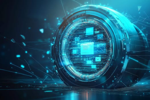 A glowing vault door made of holographic layers, surrounded by blue-toned lines and particle effects.