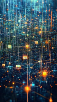 A vast network of interconnected nodes, each holding holographic files and documents. Glowing lines connect the nodes, symbolizing the digital preservation of information in a global archive system.
