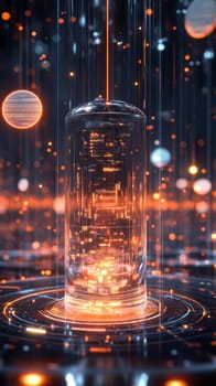 A futuristic time capsule surrounded by floating holographic disks and glowing lines. The capsule contains data, images, and files, representing long-term digital preservation for future generations.
