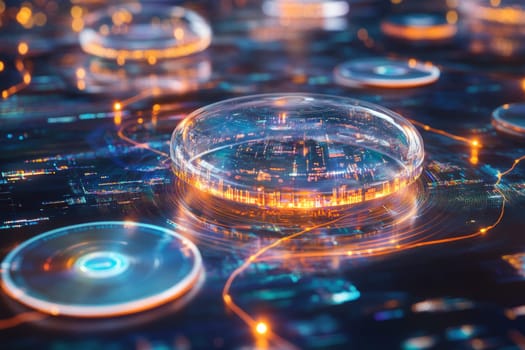 A futuristic time capsule surrounded by floating holographic disks and glowing lines. The capsule contains data, images, and files, representing long-term digital preservation for future generations.