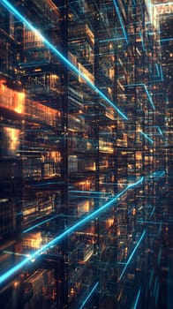 A vast digital library with floating holographic shelves, each holding glowing archives of texts, videos, and images.