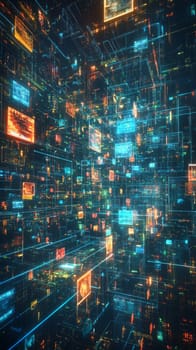 A vast interconnected web of holographic screens and interfaces, floating in a digital space. Glowing blue lines link each platform, symbolizing seamless user experience and integrated solutions.