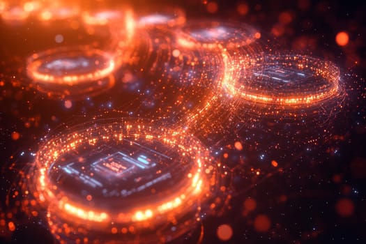 A series of floating digital platforms connected by a swirling vortex of data streams. Each platform represents different user interactions, with particle effects showing the flow of information.