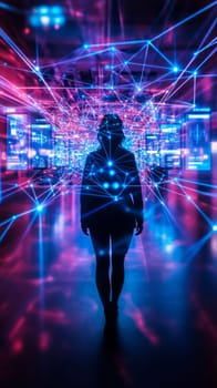 A human silhouette navigates through a holographic pathway of glowing nodes and screens.