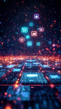 A grid of glowing tiles, each representing a different digital platform (e-commerce, content, social media). Holographic icons float above, connected by particle effects, representing a unified DXP.