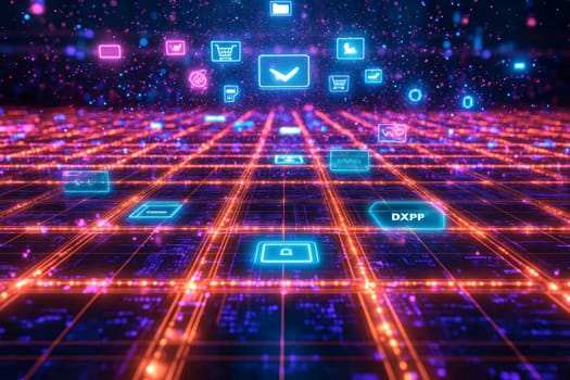 A grid of glowing tiles, each representing a different digital platform (e-commerce, content, social media). Holographic icons float above, connected by particle effects, representing a unified DXP.