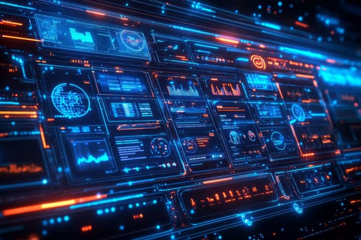 A glowing holographic dashboard with various interactive modules like analytics, content management, and customer interaction tools. Blue-toned particles and lines flow between each module.