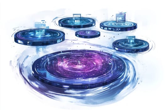 A series of floating digital platforms connected by a swirling vortex of data streams. Each platform represents different user interactions, with particle effects showing the flow of information.