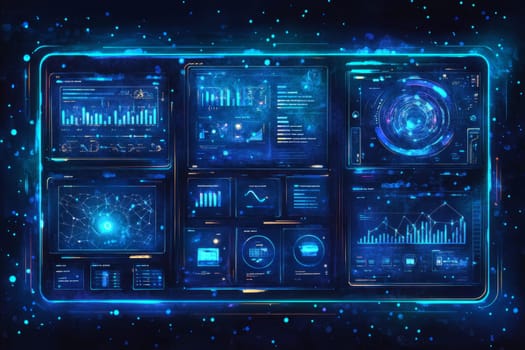A glowing holographic dashboard with various interactive modules like analytics, content management, and customer interaction tools. Blue-toned particles and lines flow between each module.