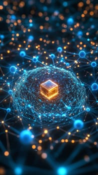 A glowing quantum processor at the center of an abstract digital web, with holographic nodes and connections swirling around it.
