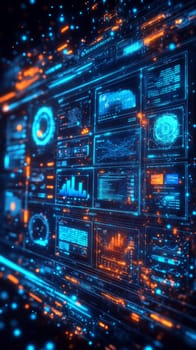 A glowing holographic dashboard with various interactive modules like analytics, content management, and customer interaction tools. Blue-toned particles and lines flow between each module.