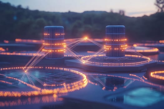 Two quantum processors connected by glowing entangled lines across a digital landscape. Holographic platforms float around them, symbolizing the interdependence of quantum computing in ecosystems.