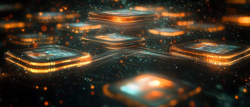 A series of floating digital platforms connected by a swirling vortex of data streams. Each platform represents different user interactions, with particle effects showing the flow of information.