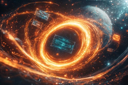 A digital portal surrounded by swirling particles and glowing lines, leading to a realm of quantum circuits.