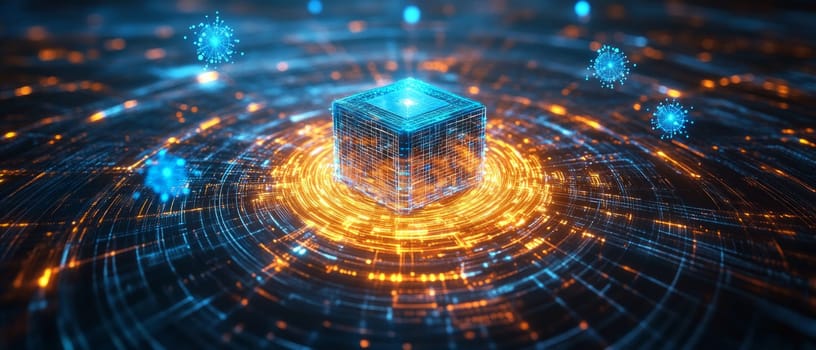 A glowing quantum processor at the center of an abstract digital web, with holographic nodes and connections swirling around it.