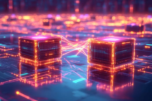 Two quantum processors connected by glowing entangled lines across a digital landscape. Holographic platforms float around them, symbolizing the interdependence of quantum computing in ecosystems.