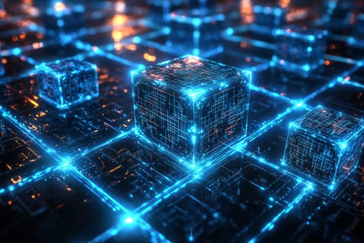 A vast grid of interconnected quantum bits, represented by glowing holographic cubes. Blue-toned lines of light connect the cubes, symbolizing the immense computing power within digital ecosystems.
