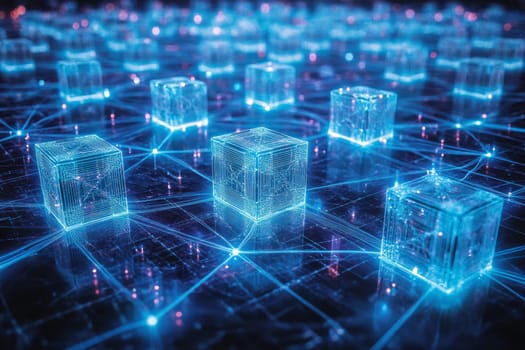 A vast grid of interconnected quantum bits, represented by glowing holographic cubes. Blue-toned lines of light connect the cubes, symbolizing the immense computing power within digital ecosystems.