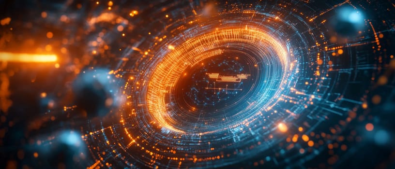 A digital portal surrounded by swirling particles and glowing lines, leading to a realm of quantum circuits.