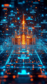 A glowing holographic city hall surrounded by floating digital platforms. Blue-toned lines and particles connect citizens' devices to the hub, representing seamless access to e-government services.
