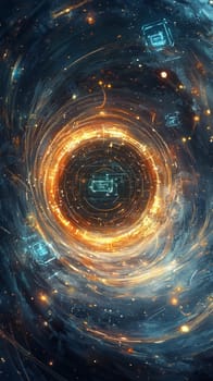 A digital portal surrounded by swirling particles and glowing lines, leading to a realm of quantum circuits.