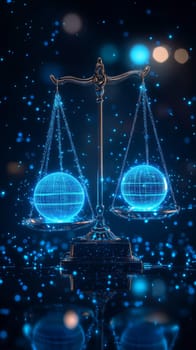 A glowing digital scale balancing two holographic spheres—one representing privacy and the other security.