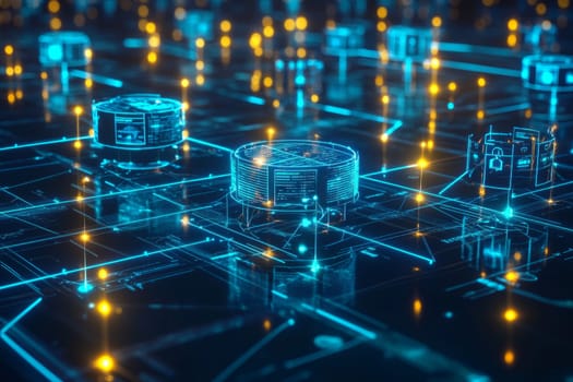 A glowing network of interconnected nodes representing government departments.