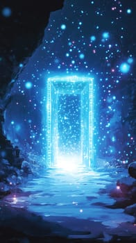 A glowing gateway in a digital landscape, where citizens enter to access holographic government services. Blue-toned particles flow around the gateway, symbolizing transparency and efficiency.