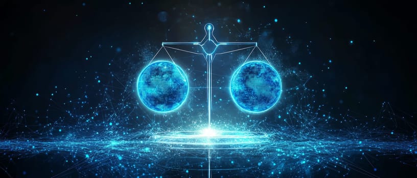 A glowing digital scale balancing two holographic spheres—one representing privacy and the other security.