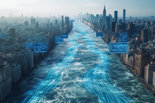 A vast river of digital data flowing through a futuristic city, with holographic government buildings along the stream. Blue lines of data flow from citizens' devices, symbolizing digital governance.