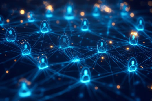 A glowing network of interconnected profiles, represented by holographic avatars, floating in a digital web.