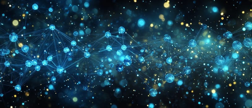 An abstract digital web of interconnected holographic nodes, each representing an aspect of ethics (transparency, fairness, accountability).