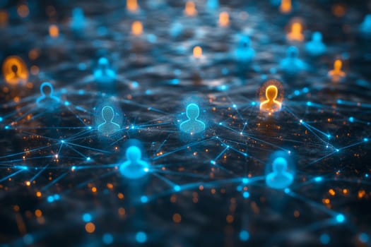 A glowing network of interconnected profiles, represented by holographic avatars, floating in a digital web.