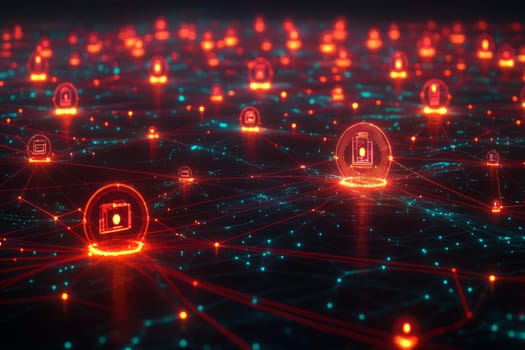 A complex web of glowing lines and nodes represents the algorithmic nature of social media influence. Each node lights up with holographic profiles and content, connected by swirling data streams.