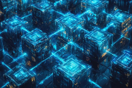 A matrix of holographic cubes, each representing a different digital right (privacy, access, consent).