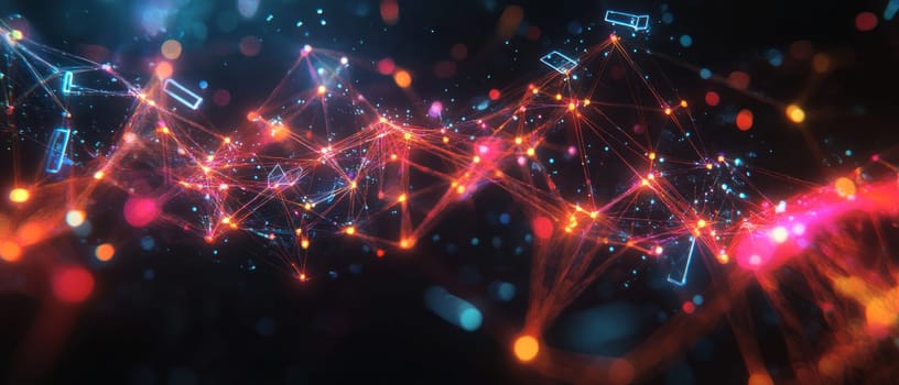 A complex web of glowing lines and nodes represents the algorithmic nature of social media influence. Each node lights up with holographic profiles and content, connected by swirling data streams.