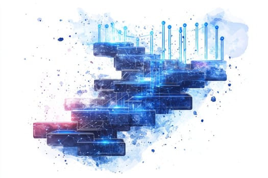 A glowing staircase made of holographic platforms represents the journey of upskilling. Blue-tinted data lines flow upward, guiding workers toward digital skills and future readiness.