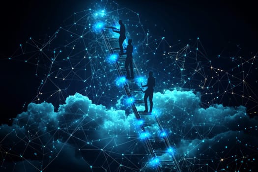 A holographic ladder ascends through a digital cloudscape, with glowing blue nodes on each rung representing key digital competencies. Workers climb the ladder, symbolizing development and readiness.