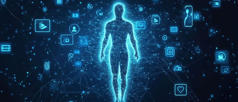 A holographic figure surrounded by floating social media icons, connected by blue-toned lines and data streams.
