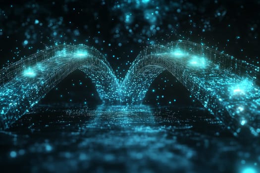 Two holographic bridges stretch across a digital landscape, connecting workers on one side to glowing nodes representing new digital skills.