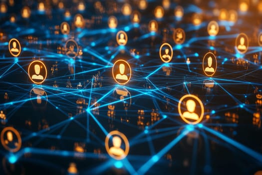 A holographic grid filled with interconnected worker profiles and digital skill icons. Blue lines of light connect skills to workers, symbolizing the integration of new skills into the workforce.