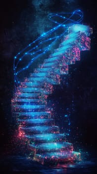 A glowing staircase made of holographic platforms represents the journey of upskilling. Blue-tinted data lines flow upward, guiding workers toward digital skills and future readiness.
