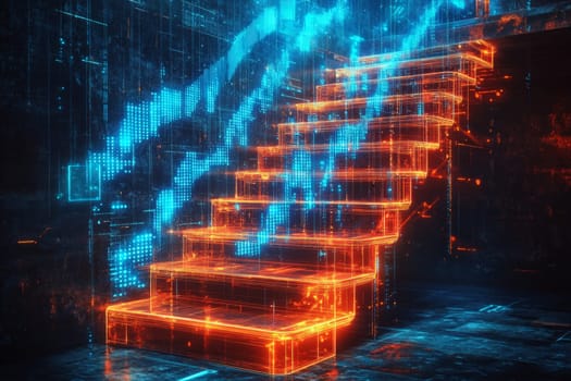 A glowing staircase made of holographic platforms represents the journey of upskilling. Blue-tinted data lines flow upward, guiding workers toward digital skills and future readiness.