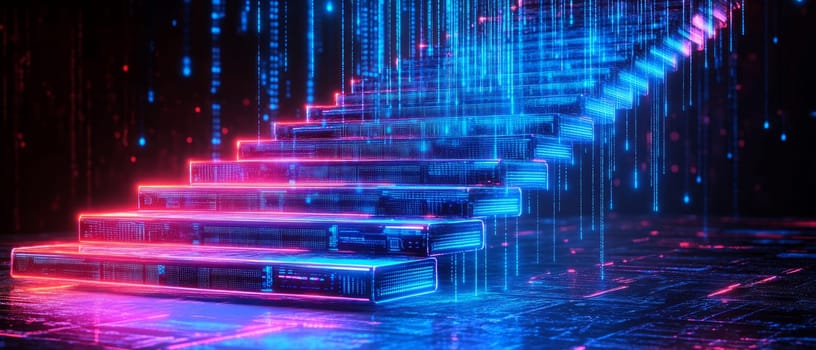 A glowing staircase made of holographic platforms represents the journey of upskilling. Blue-tinted data lines flow upward, guiding workers toward digital skills and future readiness.