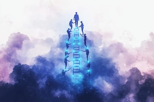 A holographic ladder ascends through a digital cloudscape, with glowing blue nodes on each rung representing key digital competencies. Workers climb the ladder, symbolizing development and readiness.