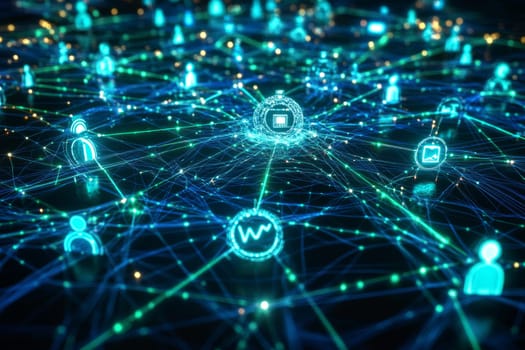 Glowing data streams flow from a central digital advertising hub, connecting to holographic consumer icons. Blue and green particle effects symbolize personalized content reaching diverse consumers.