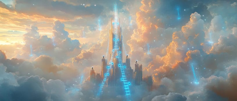 A holographic ladder ascends through a digital cloudscape, with glowing blue nodes on each rung representing key digital competencies. Workers climb the ladder, symbolizing development and readiness.