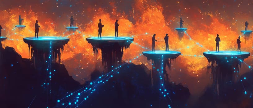 Floating holographic platforms represent learning hubs, with workers standing on each hub connected by glowing lines of knowledge and skills.