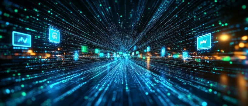 Glowing data streams flow from a central digital advertising hub, connecting to holographic consumer icons. Blue and green particle effects symbolize personalized content reaching diverse consumers.