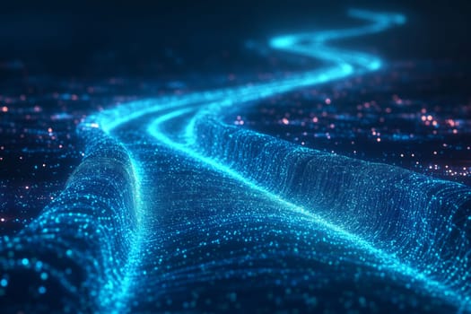 A glowing path made of holographic nodes represents a consumer’s journey from first ad exposure to purchase decision.